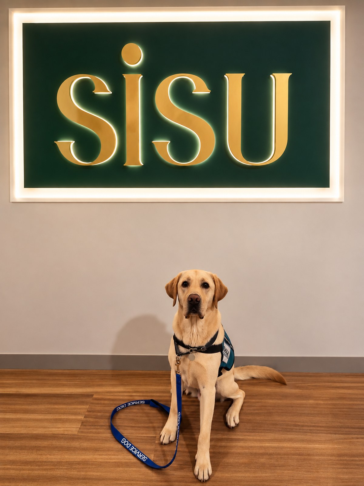 A service dog in harness sitting beneath the SiSU sign in the studio
